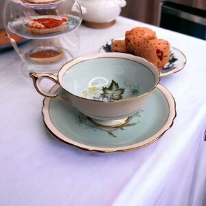 VTG Paragon Double Warrant TeaCup/Saucer Mint green/Dogwood‎ Gold Trim England